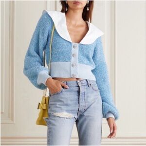 NWT Ganni Cropped Blue Sparkle Wool Blend Knit Crystal Cardigan